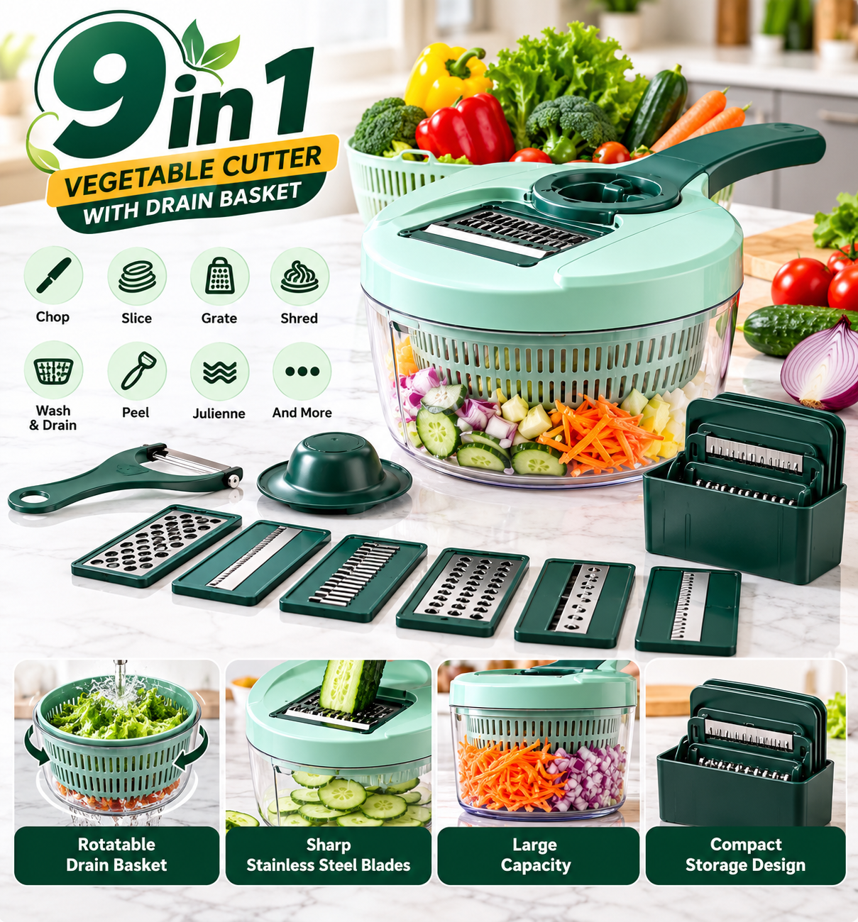 9 In 1 Vegetable Cutter, 1000 mL, Power Source: Manual
